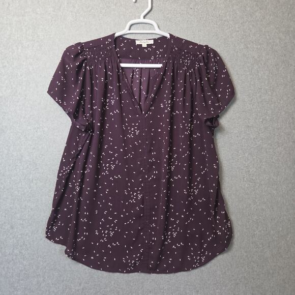 Monday Fun Tops - Monday Fun Plum Speckled SS Smocked Shoulders Split Neck Blouse Women's Plus 1X
